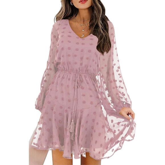 KIRUNDO Dress Long Sleeves V Neck Flowy Mini Dress Swiss dot Chiffon S - Picture 1 of 5